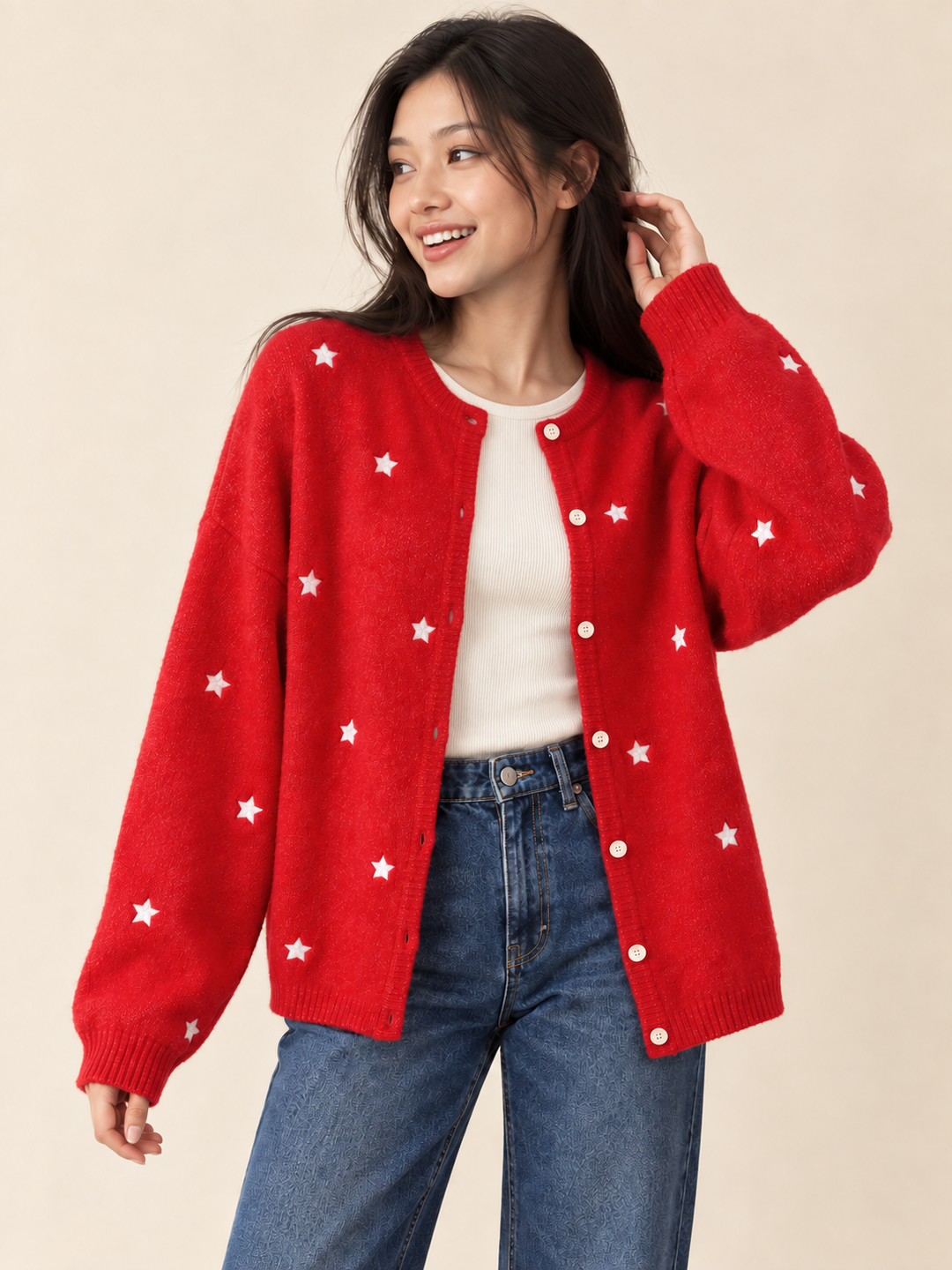 Embroidered Star Cardigan Red — front view