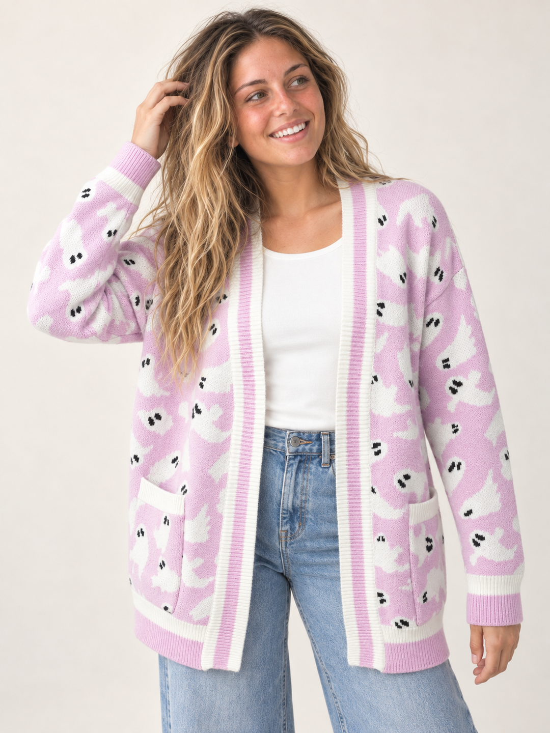 Halloween Cardigan Lilac Ghost — front view