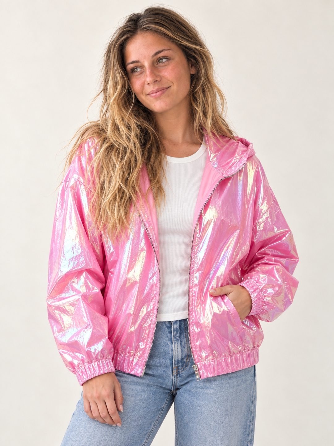 Holographic Windbreaker Jacket Pink front view on model