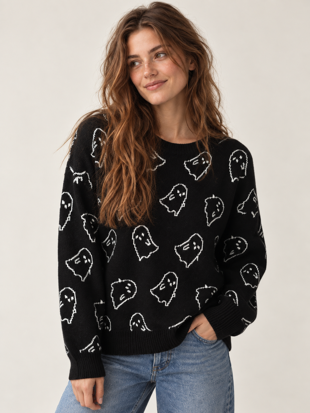Halloween Sweater Black Ghost — front view on model
