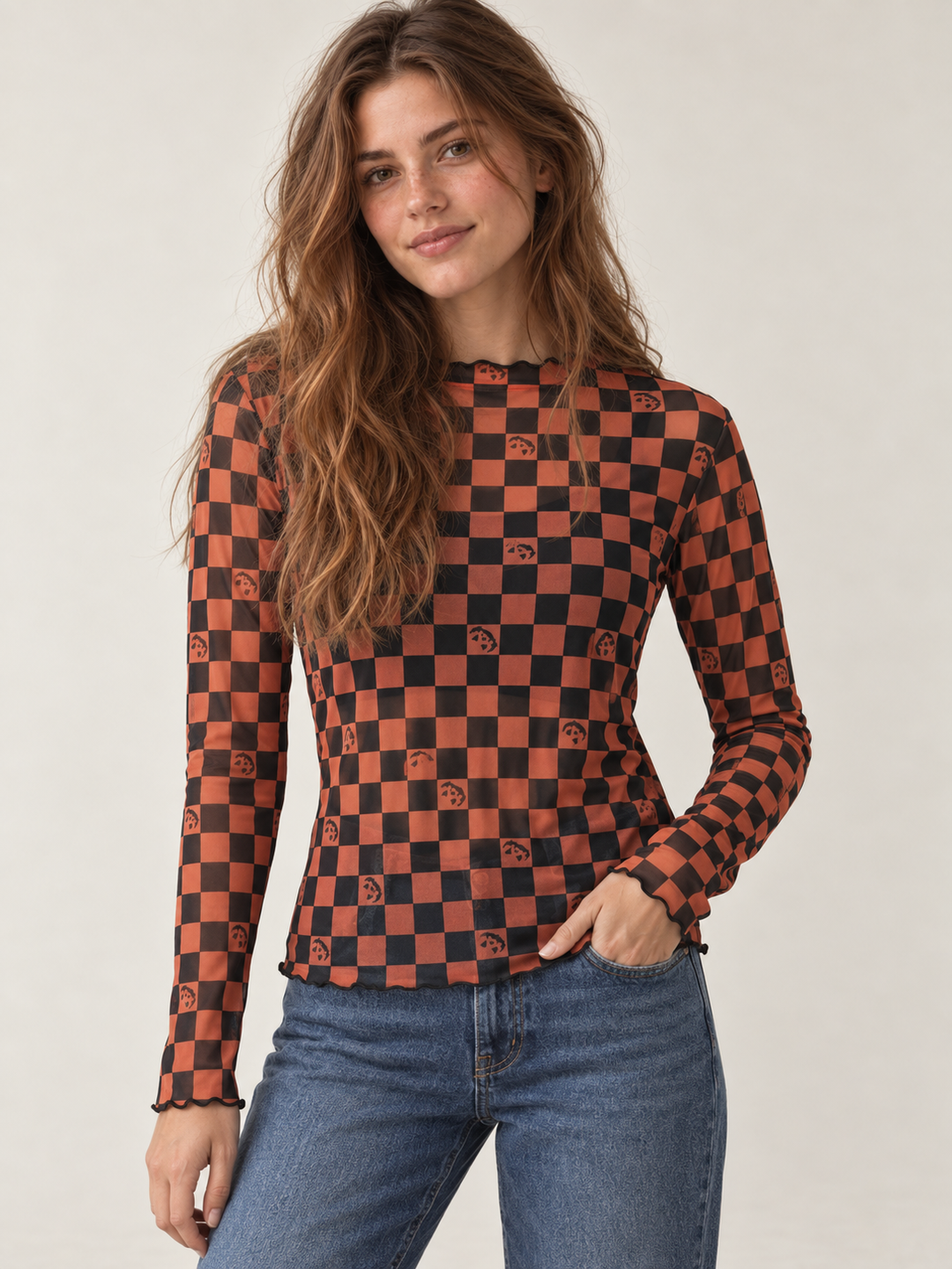 Halloween Sheer Long Sleeve Checkered Pumpkin top - front view on model