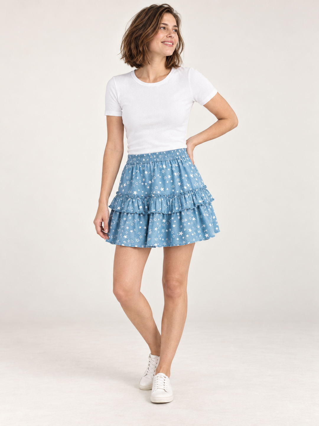 Star Chambray Tiered Skirt modeled front view