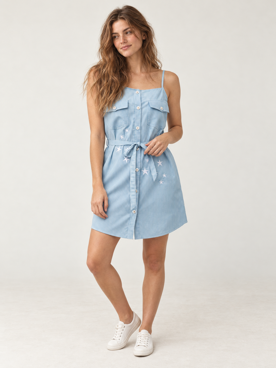 Pinstripe Embroidered Star Dress — full-body front view