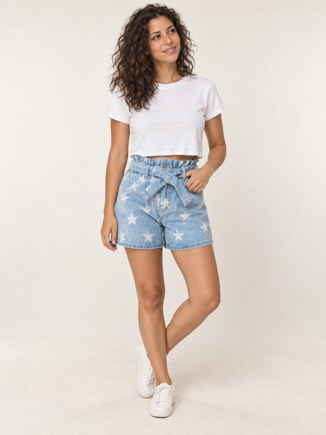 Star Paper Bag Denim Shorts - full-body front view