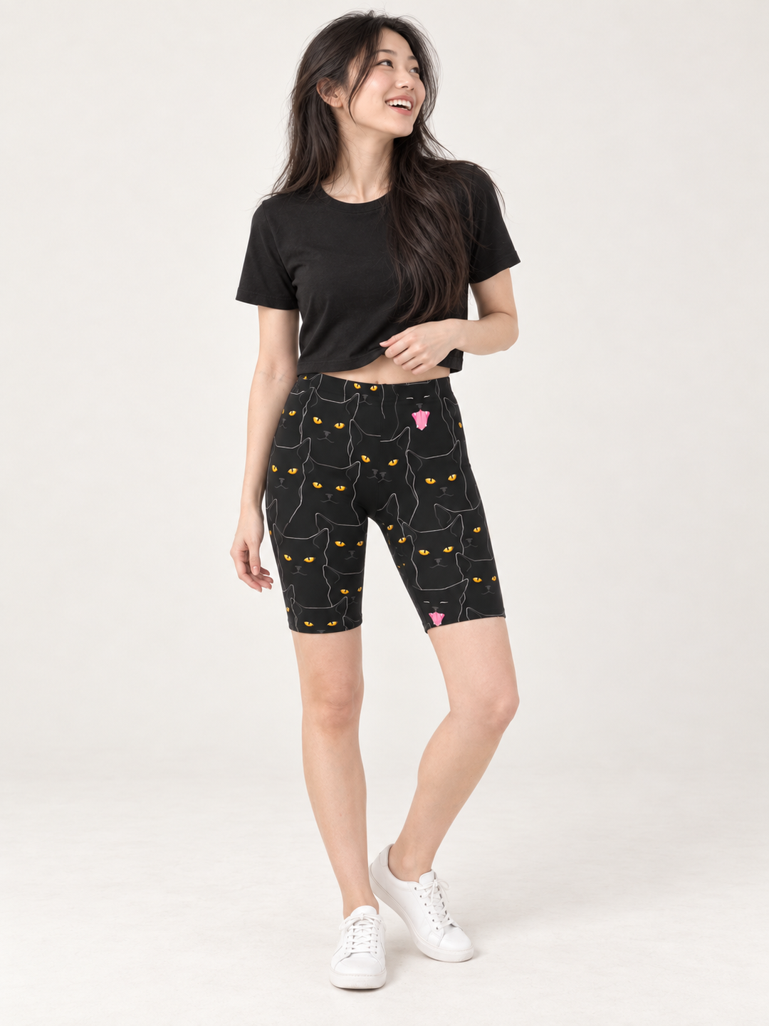 Yawning Cat Biker Shorts — full-body front view