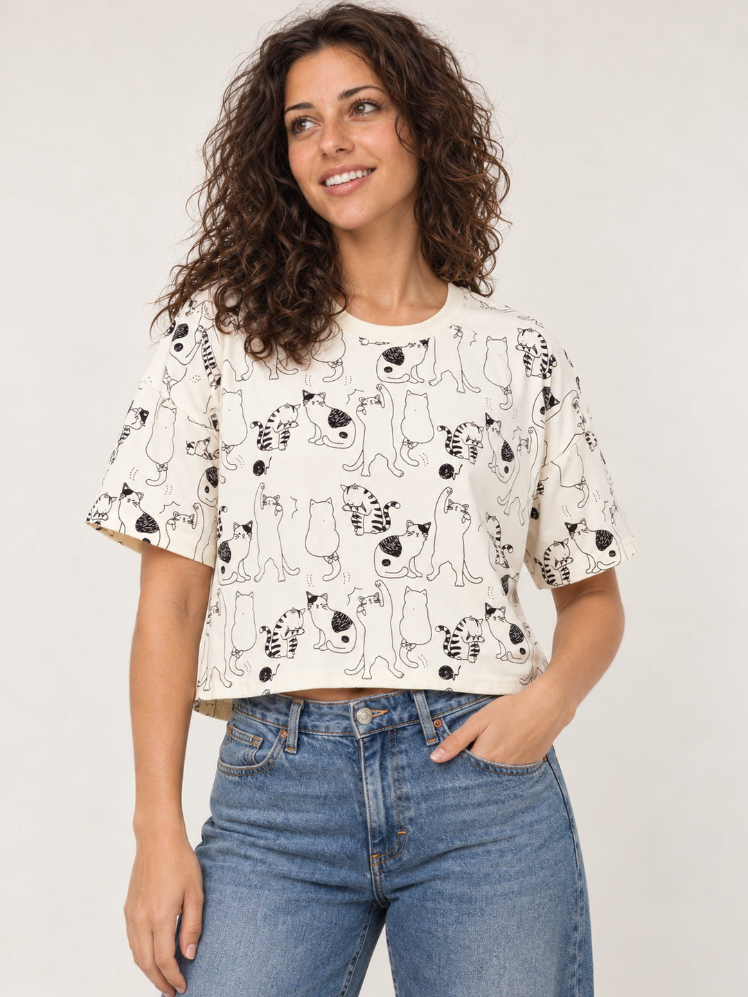 Cat Crop Top Tee – front view on model