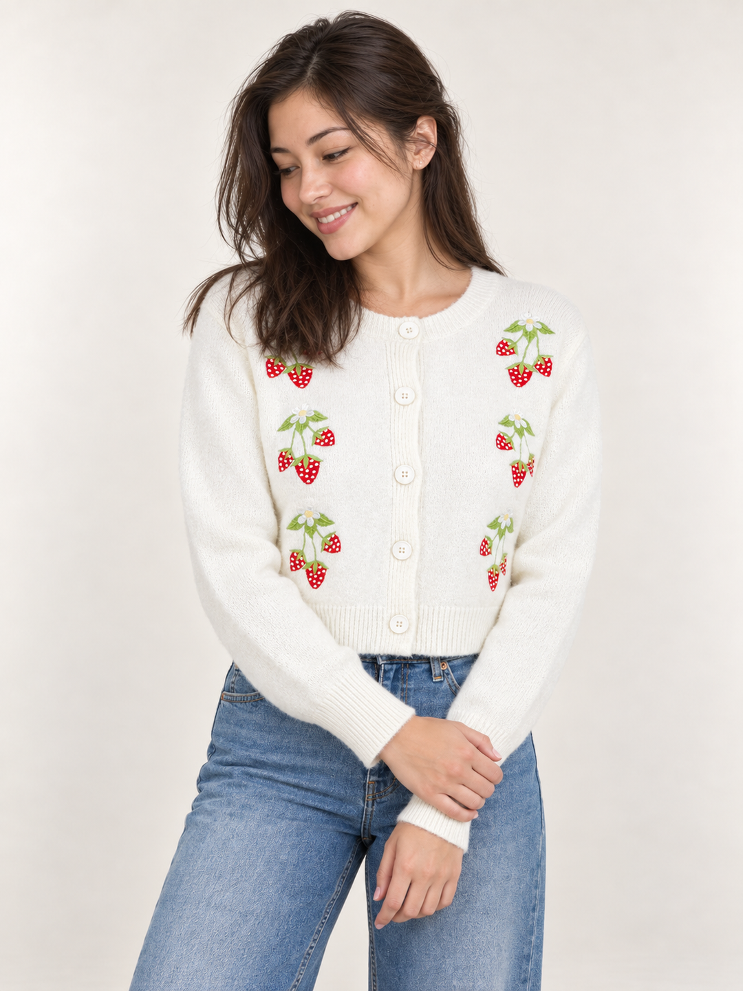 Strawberry Embroidered Cardigan Ivory – front view on model