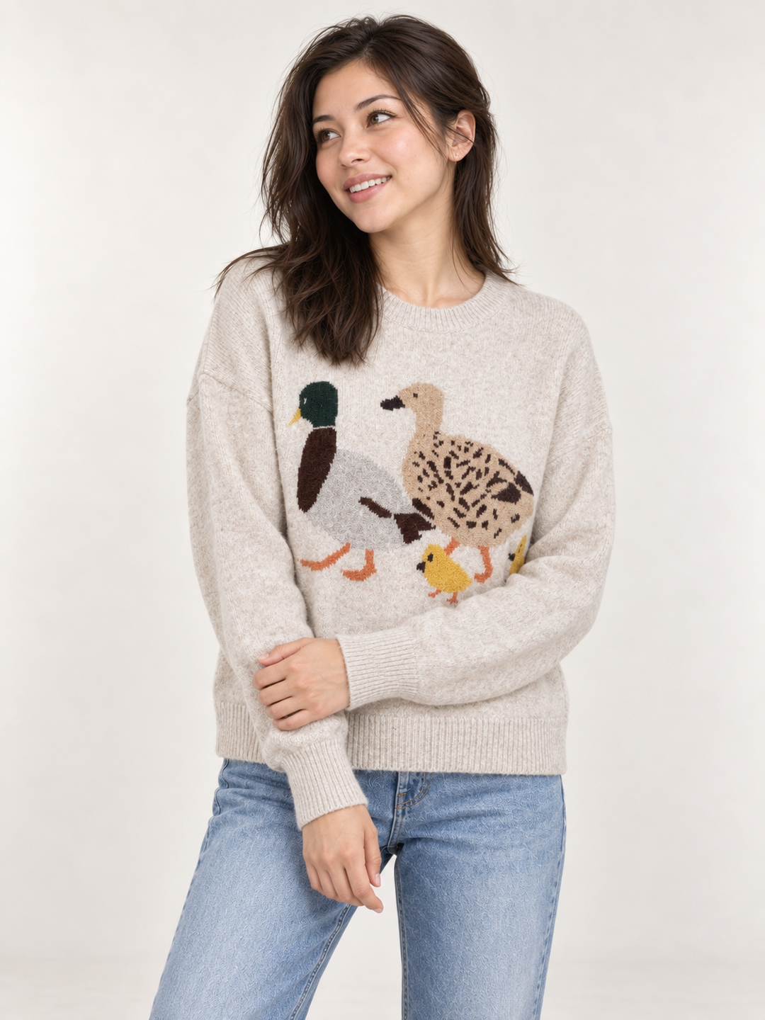 Duck Family Sweater Taupe – front view on model