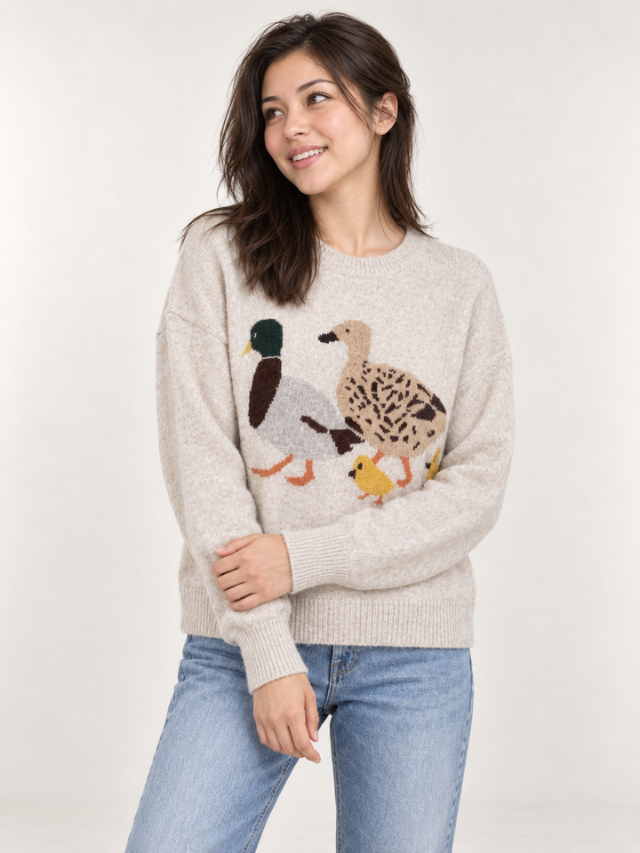 Duck Family Sweater Taupe – front view on model