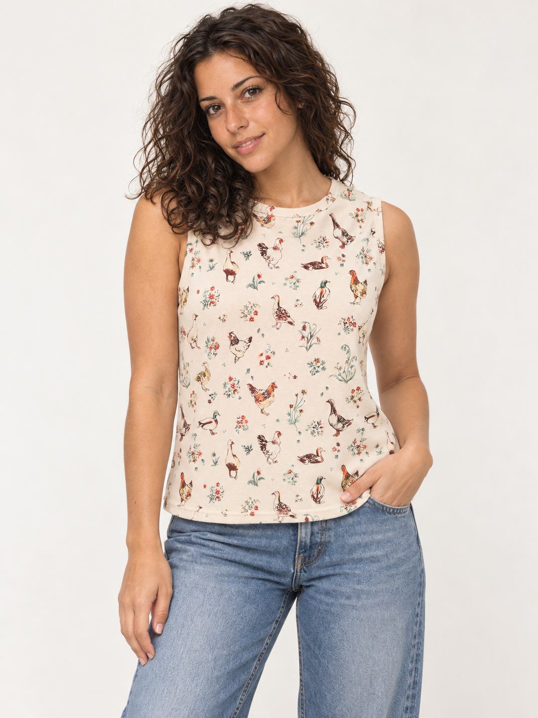 Ducks and Chickens Tank Top – front view on model