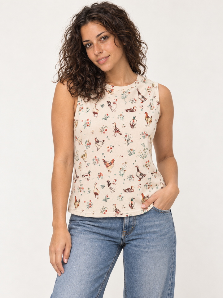 Ducks and Chickens Tank Top – front view on model