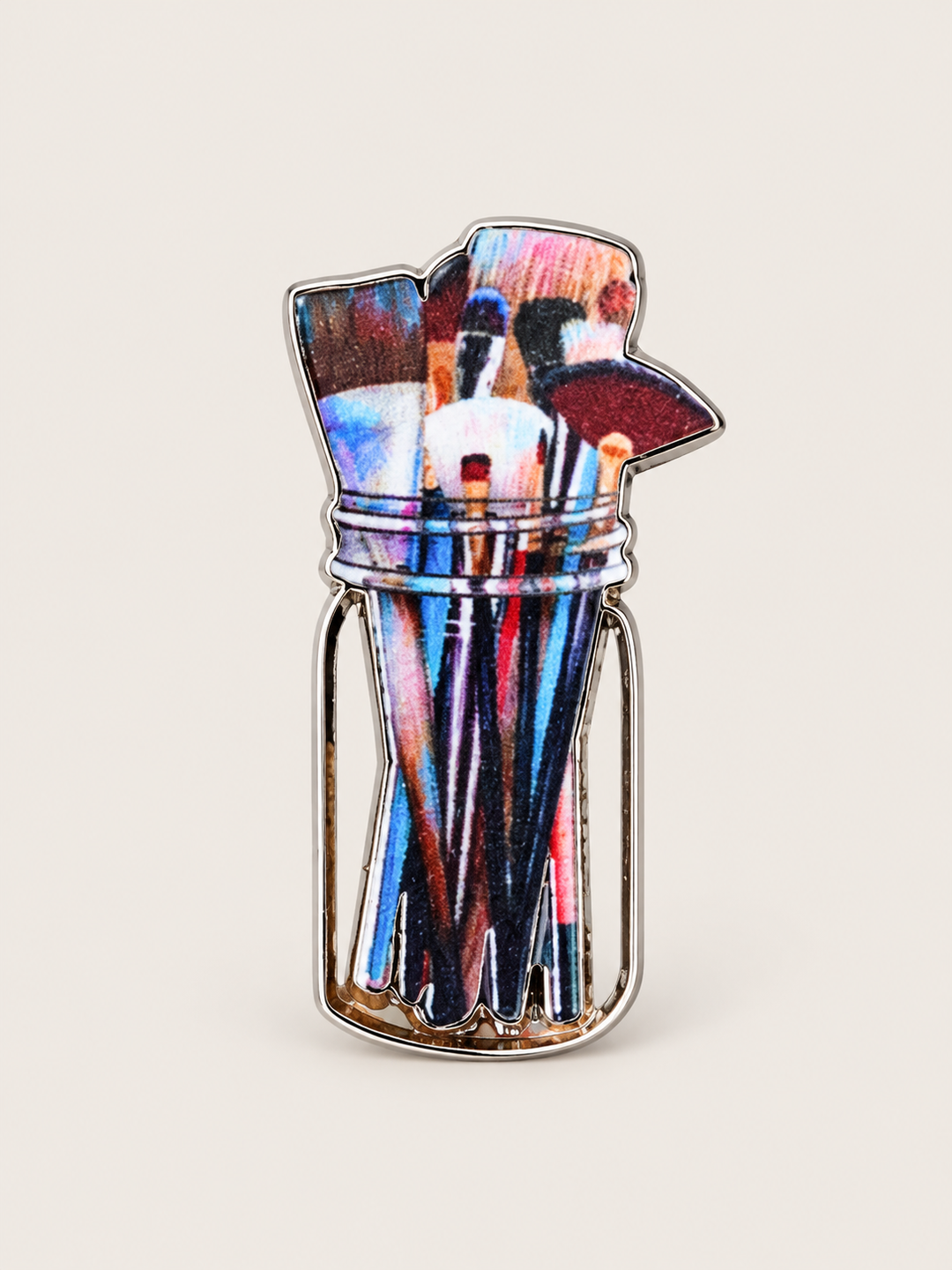 Artist Paintbrushes Jar Pin shown on a warm neutral background