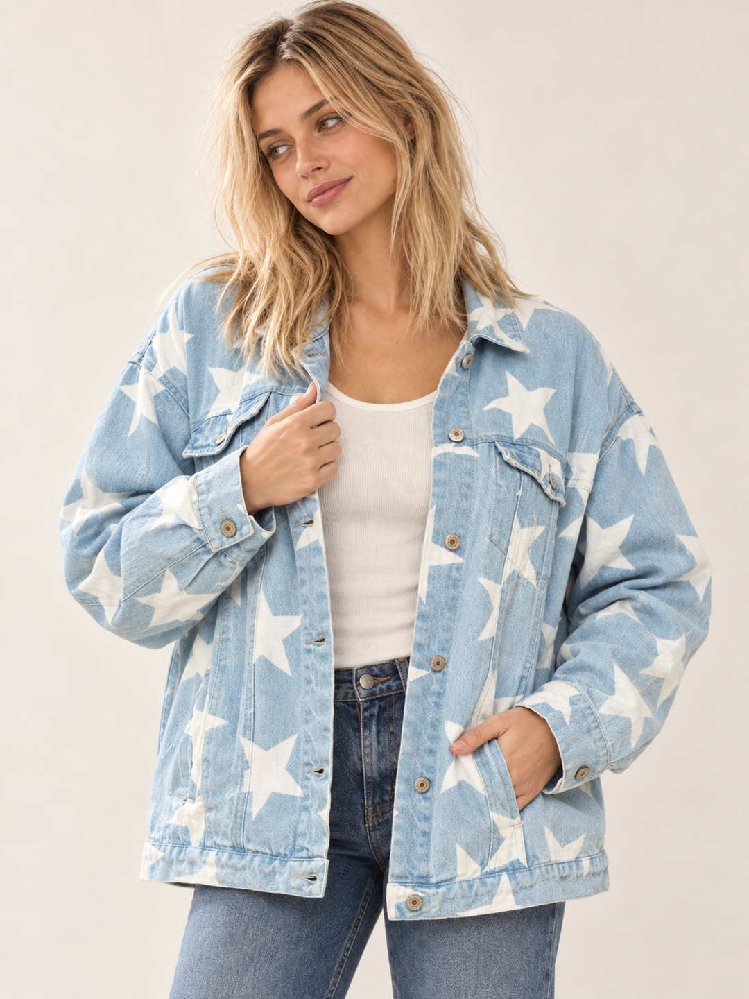 Star Printed Washed Denim Jacket