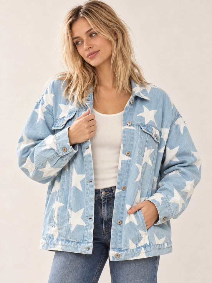 Star Printed Washed Denim Jacket