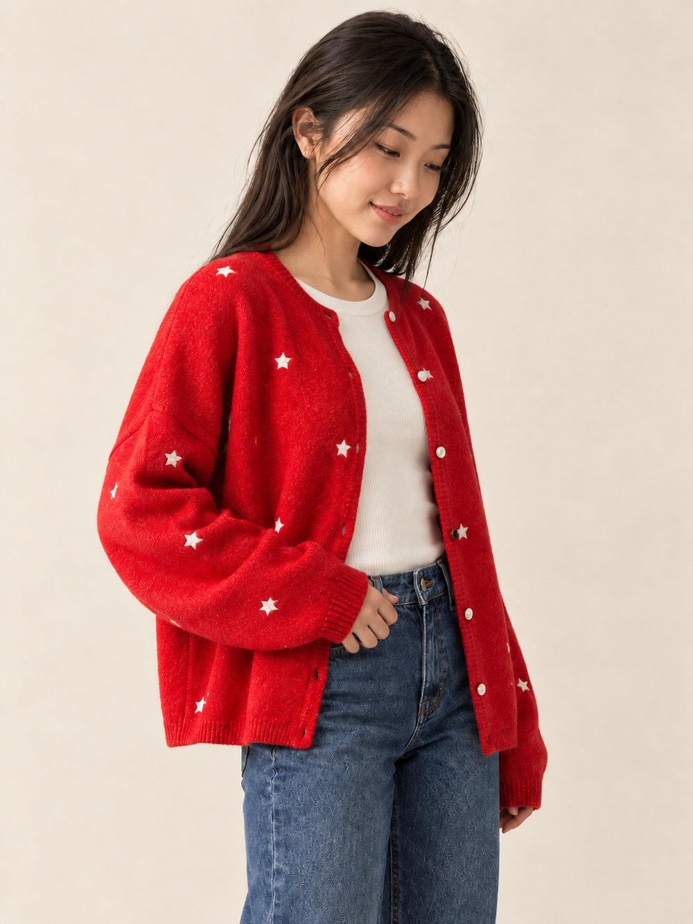 Embroidered Star Cardigan Red — 45-degree view