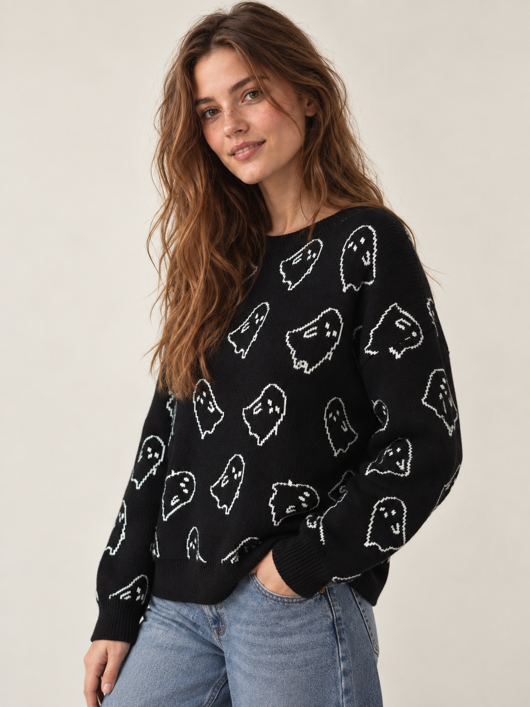 Halloween Sweater Black Ghost — 45-degree view on model