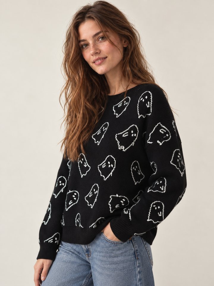 Halloween Sweater Black Ghost — 45-degree view on model