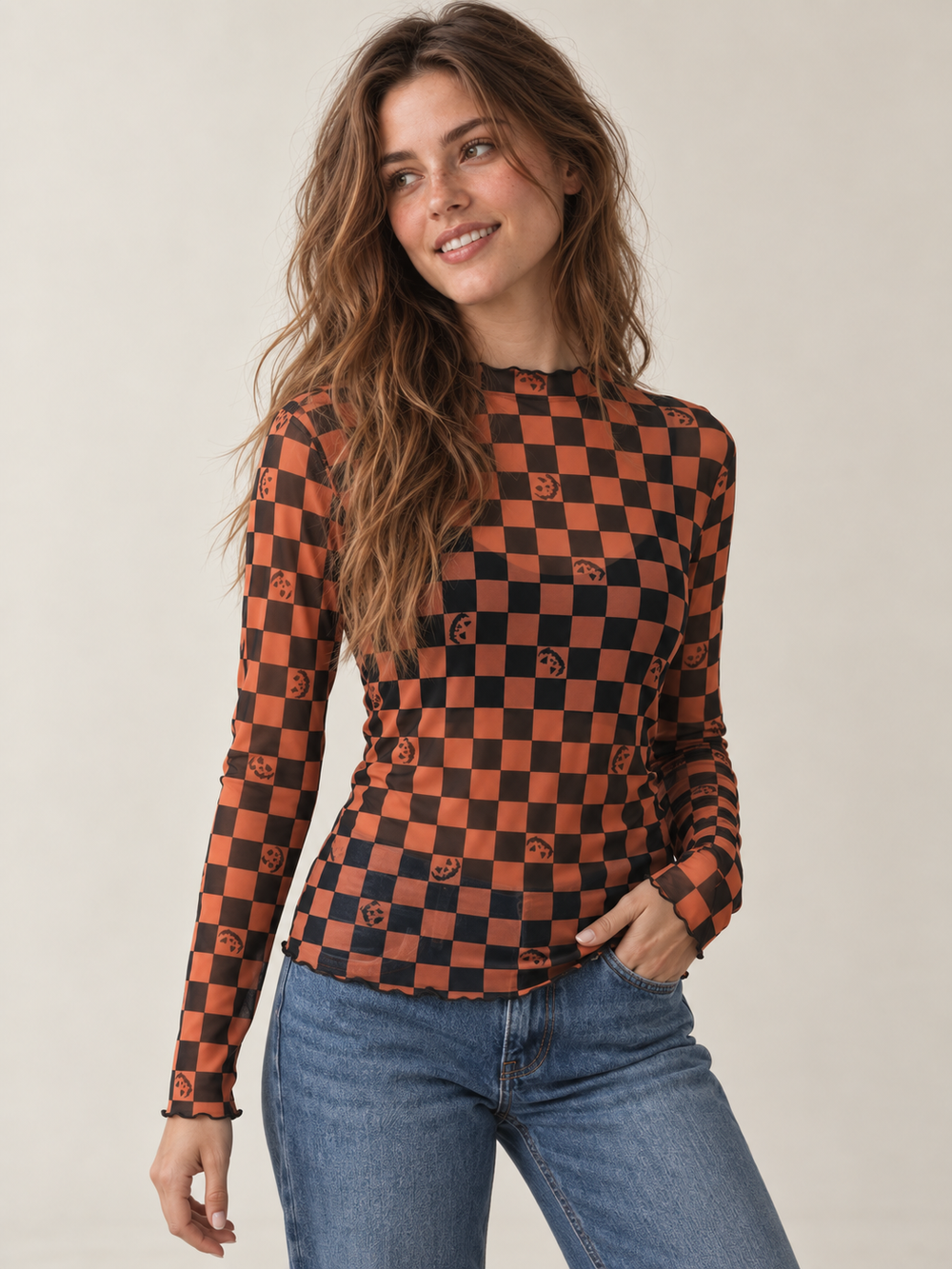 Halloween Sheer Long Sleeve Checkered Pumpkin top - 45 degree view on model