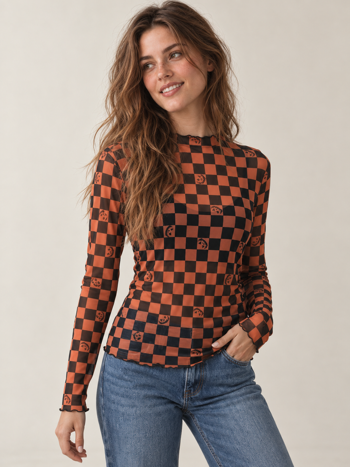Halloween Sheer Long Sleeve Checkered Pumpkin top - 45 degree view on model