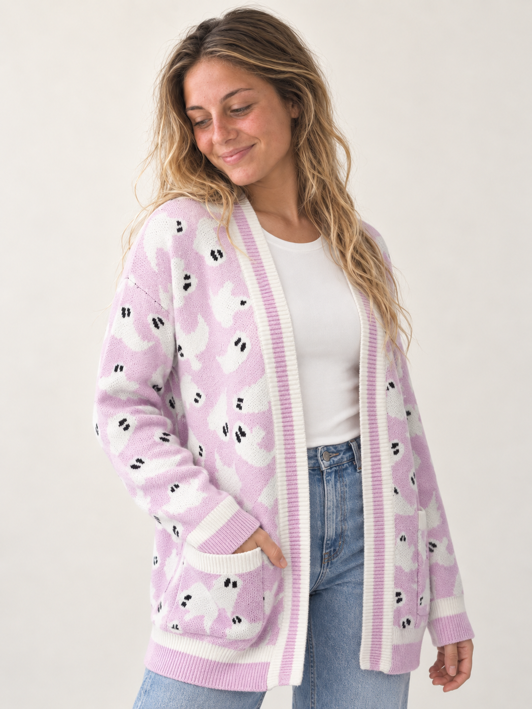 Halloween Cardigan Lilac Ghost — 45-degree view