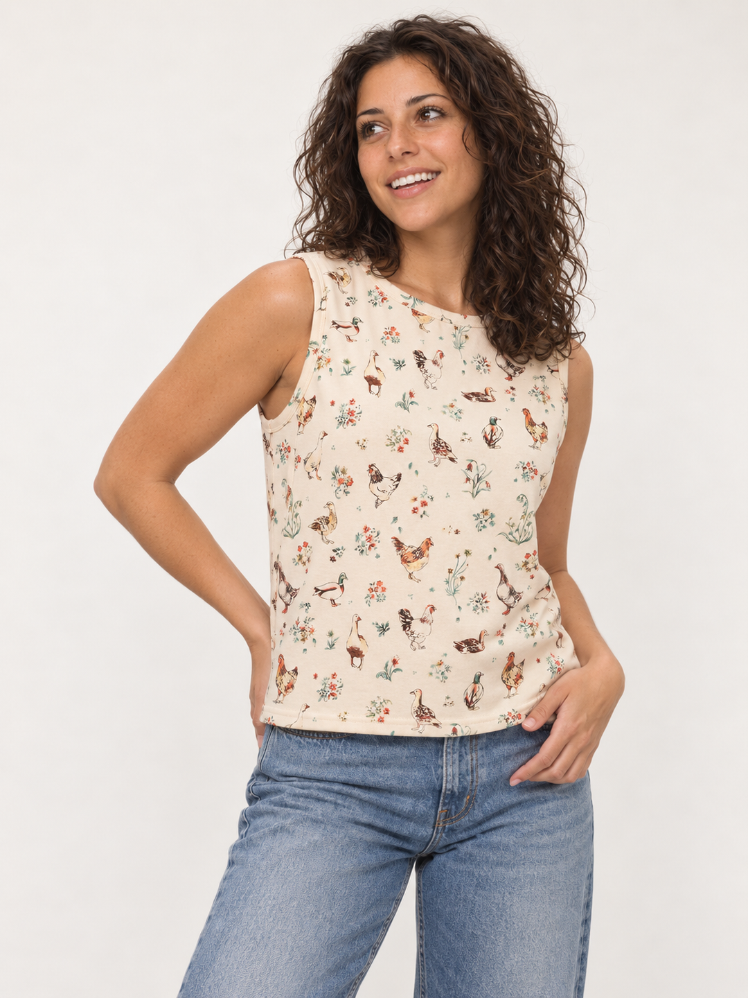 Ducks and Chickens Tank Top – angled view on model