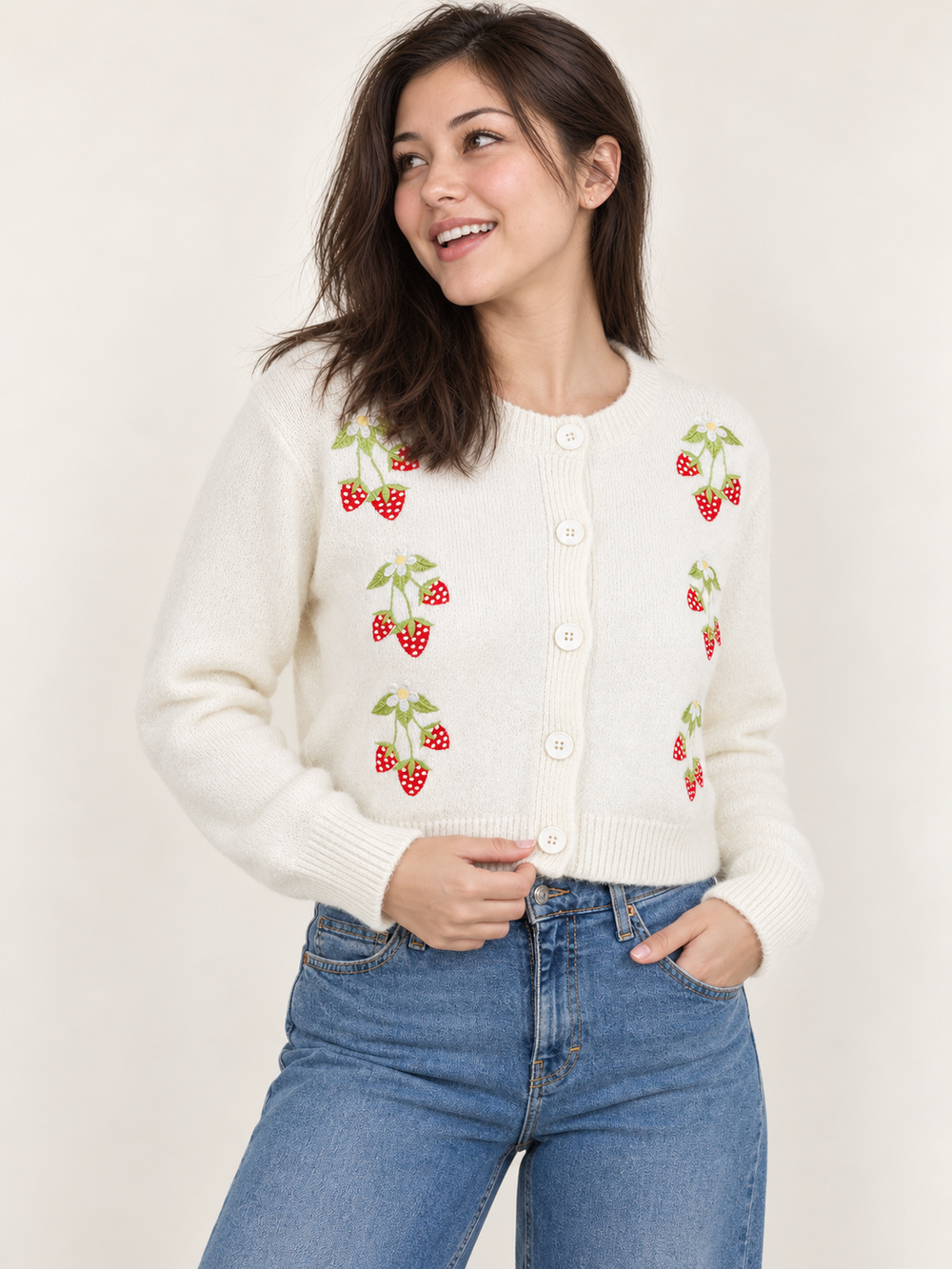 Strawberry Embroidered Cardigan Ivory – angled view on model