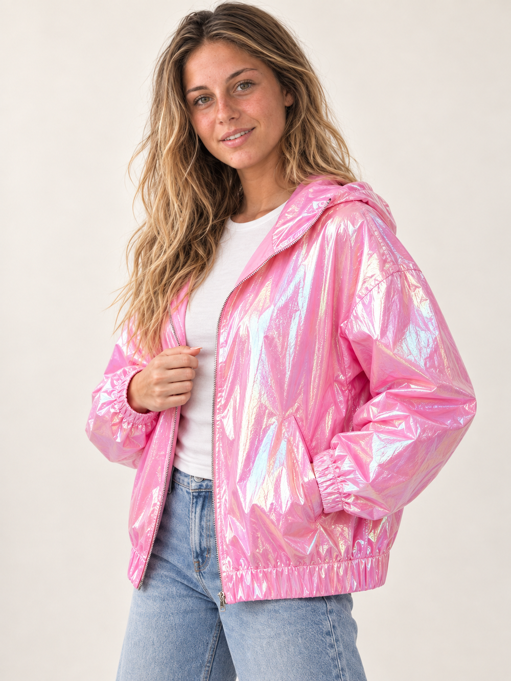 Holographic Windbreaker Jacket Pink 45-degree view on model
