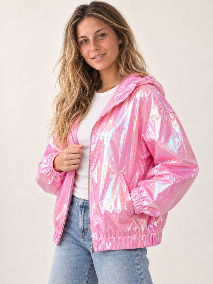Holographic Windbreaker Jacket Pink 45-degree view on model