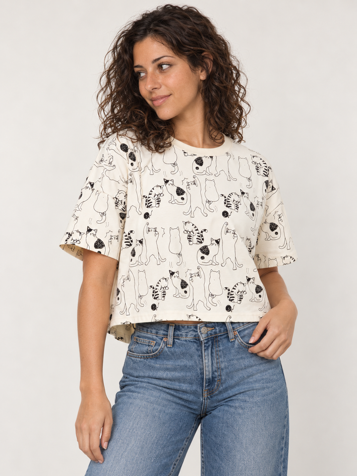 Cat Crop Top Tee – angled view on model