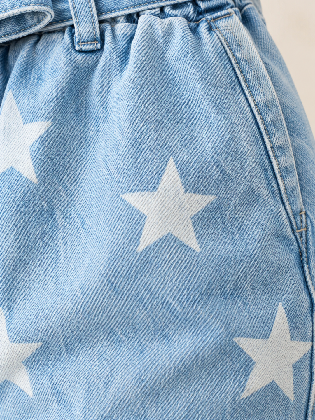 Star Paper Bag Denim Shorts - denim and star pattern close-up