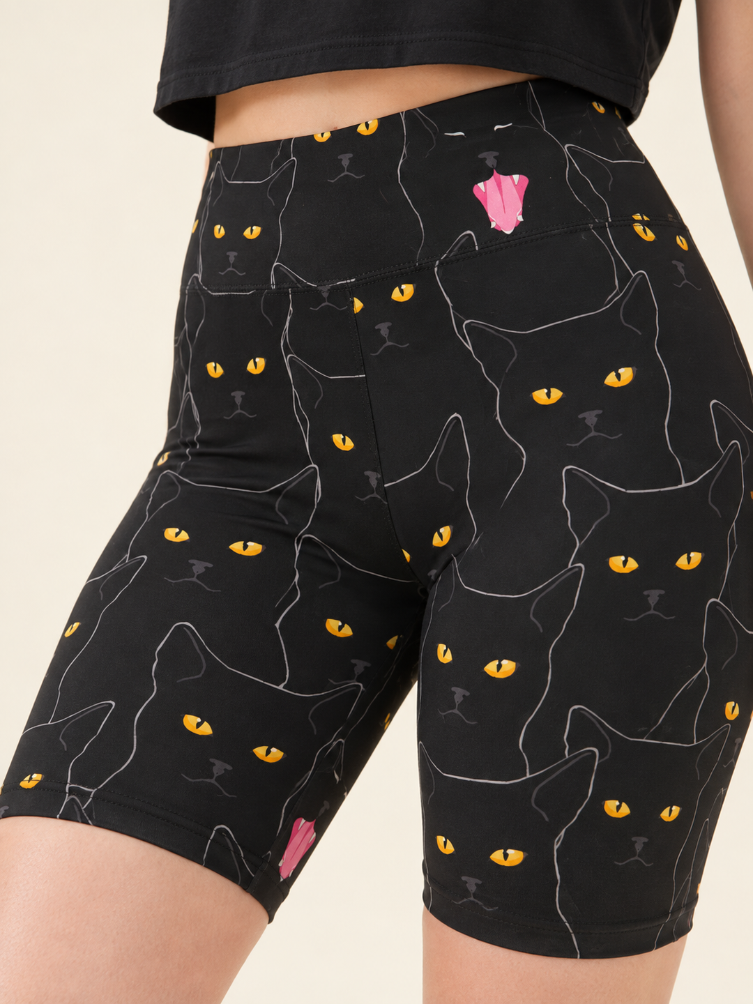Yawning Cat Biker Shorts — fabric and pattern close-up