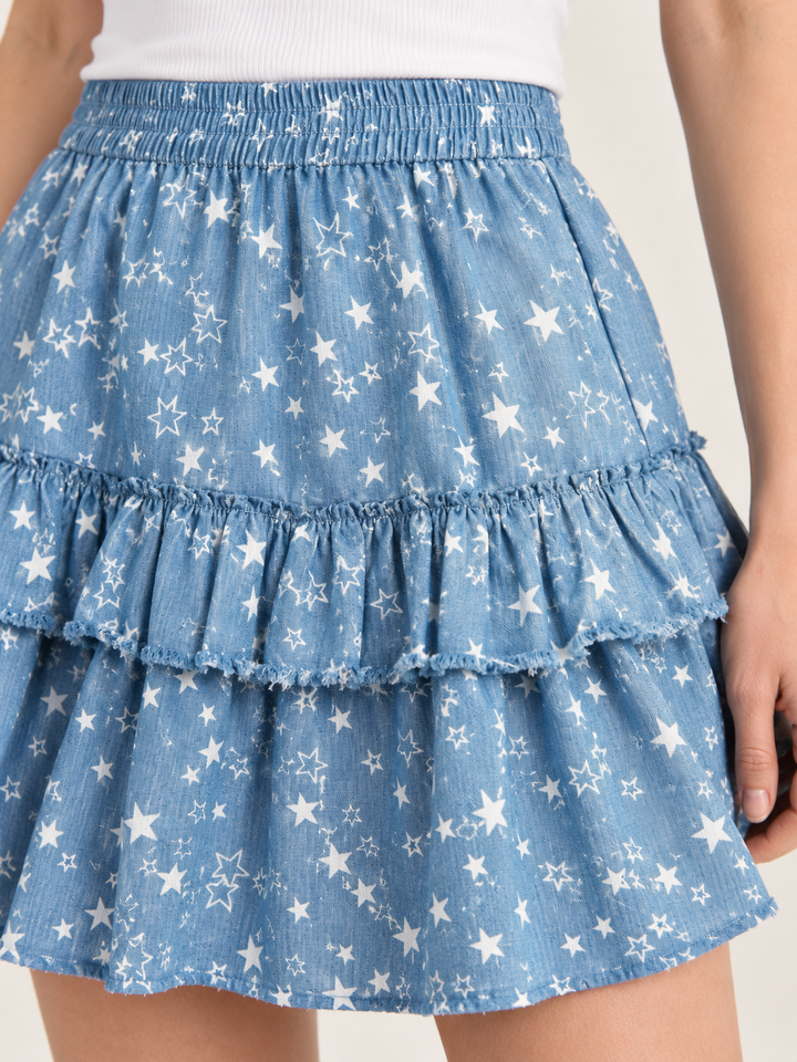 Star Chambray Tiered Skirt fabric and star print close-up
