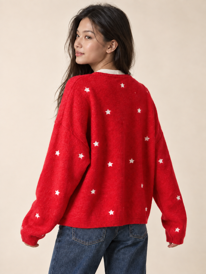 Embroidered Star Cardigan Red — back view