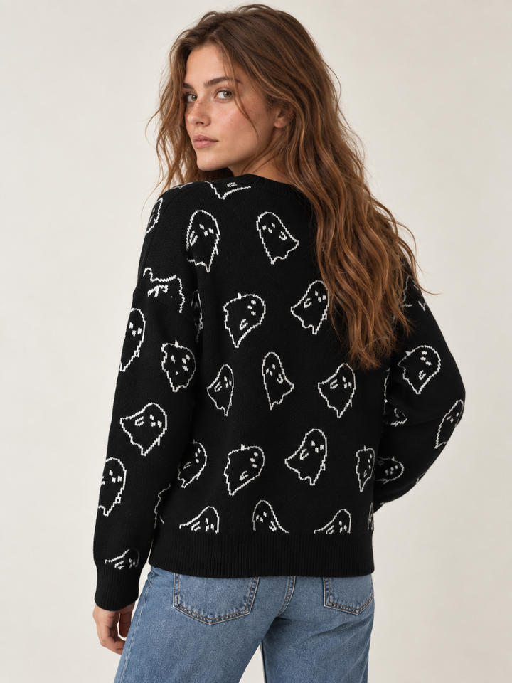 Halloween Sweater Black Ghost — back view on model