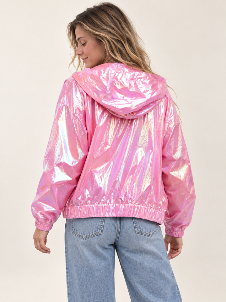 Holographic Windbreaker Jacket Pink back view on model