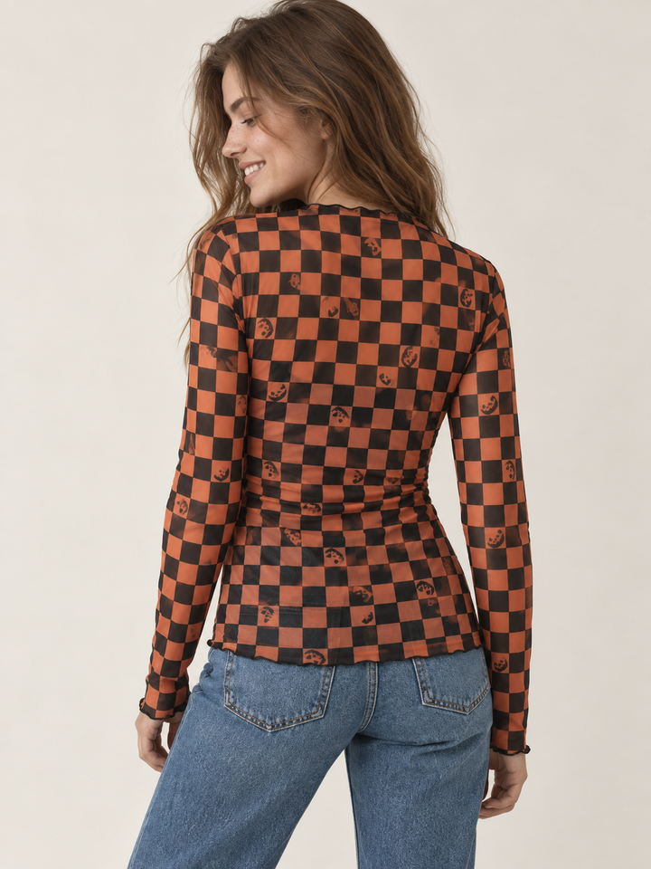 Halloween Sheer Long Sleeve Checkered Pumpkin top - back view on model