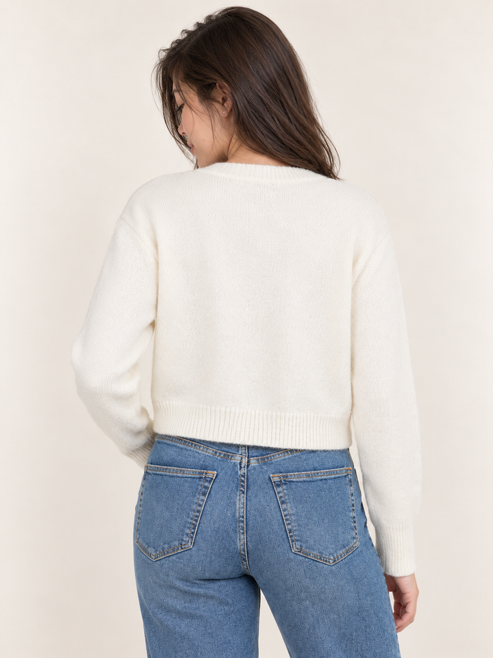 Strawberry Embroidered Cardigan Ivory – back view on model