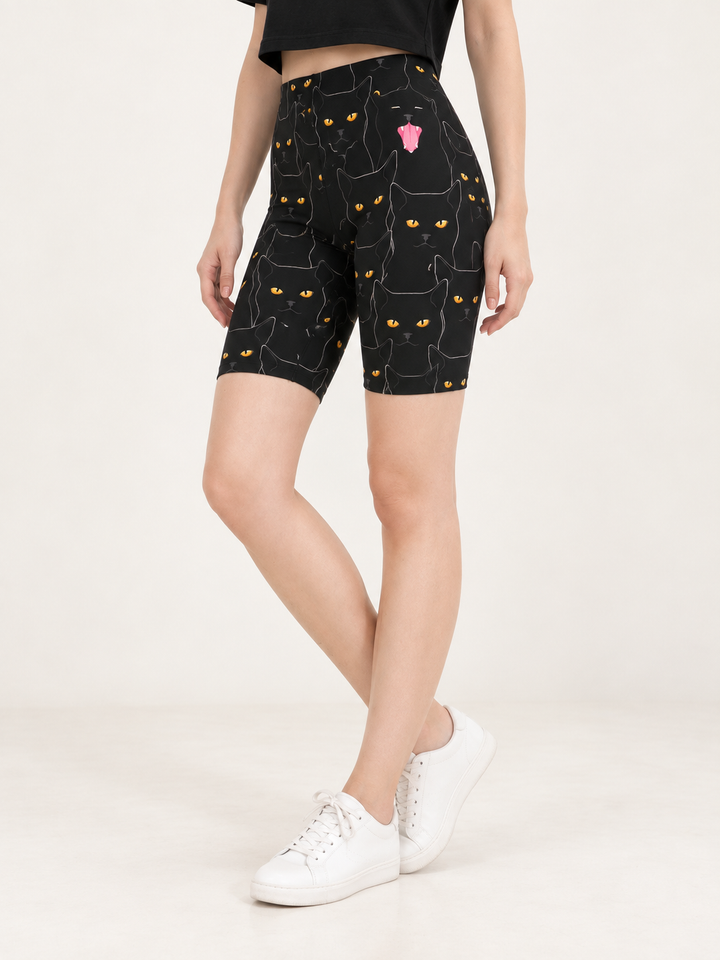 Yawning Cat Biker Shorts — 45-degree waist-down view