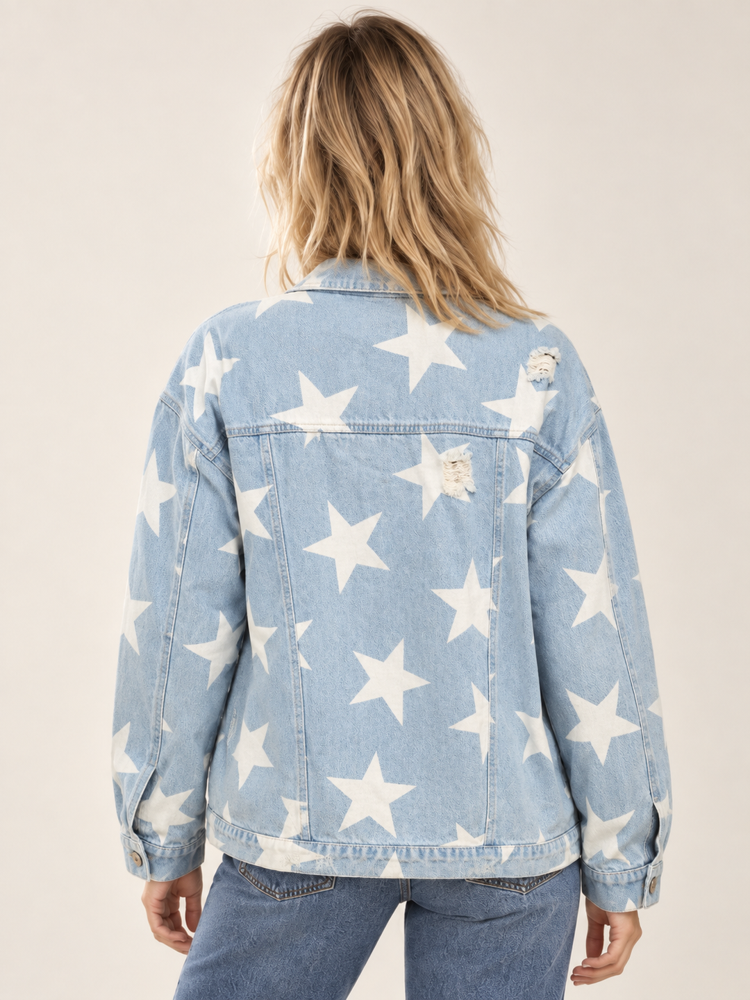 Star Printed Washed Denim Jacket