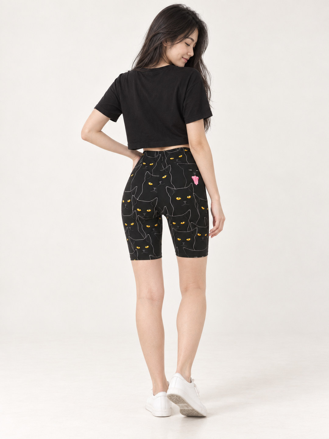 Yawning Cat Biker Shorts — full-body back view