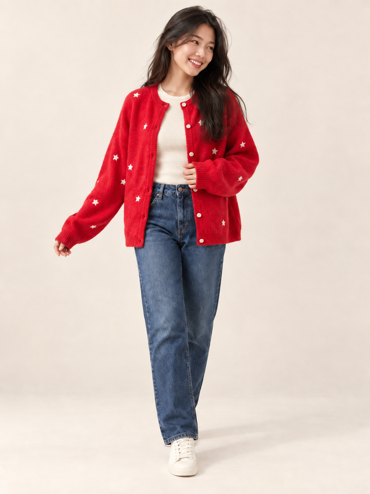 Embroidered Star Cardigan Red — full-body front view