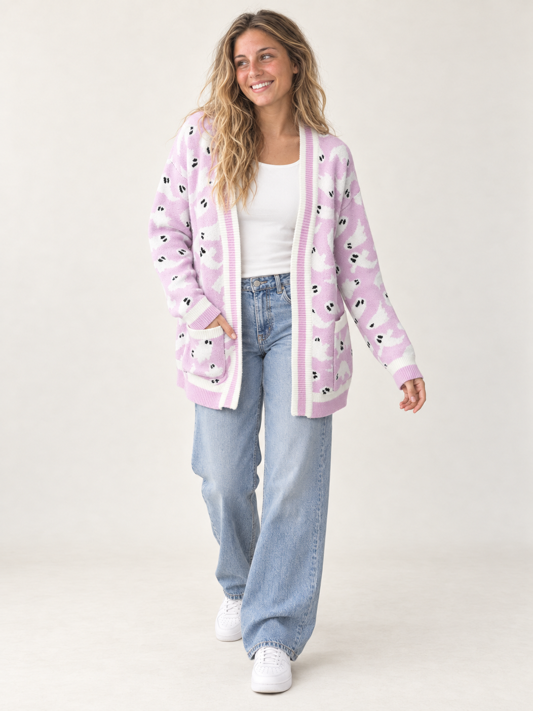 Halloween Cardigan Lilac Ghost — full-body front view