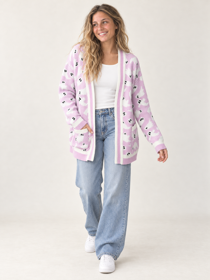 Halloween Cardigan Lilac Ghost — full-body front view