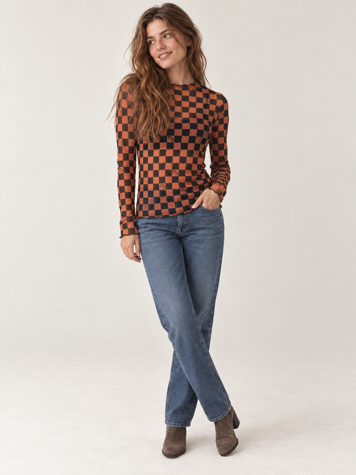 Halloween Sheer Long Sleeve Checkered Pumpkin top - full body view on model