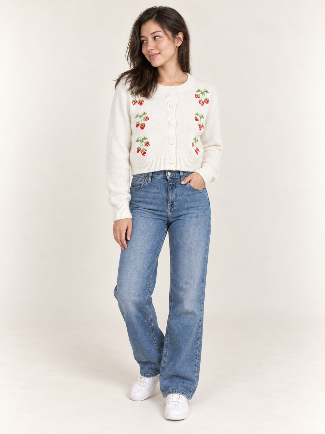 Strawberry Embroidered Cardigan Ivory – full-body view on model