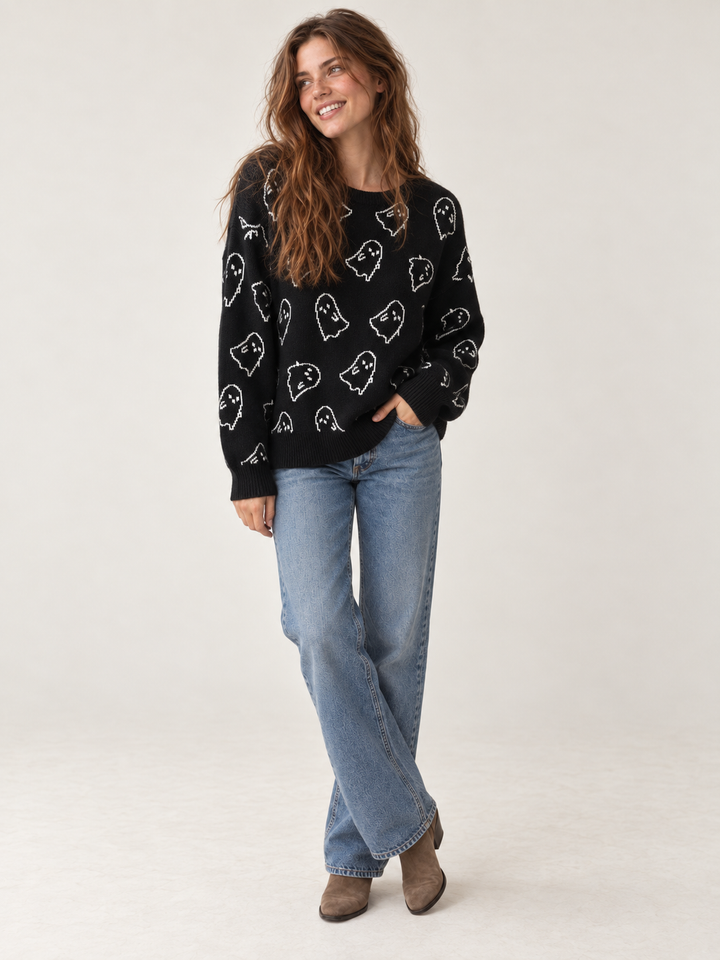 Halloween Sweater Black Ghost — full-body front view on model