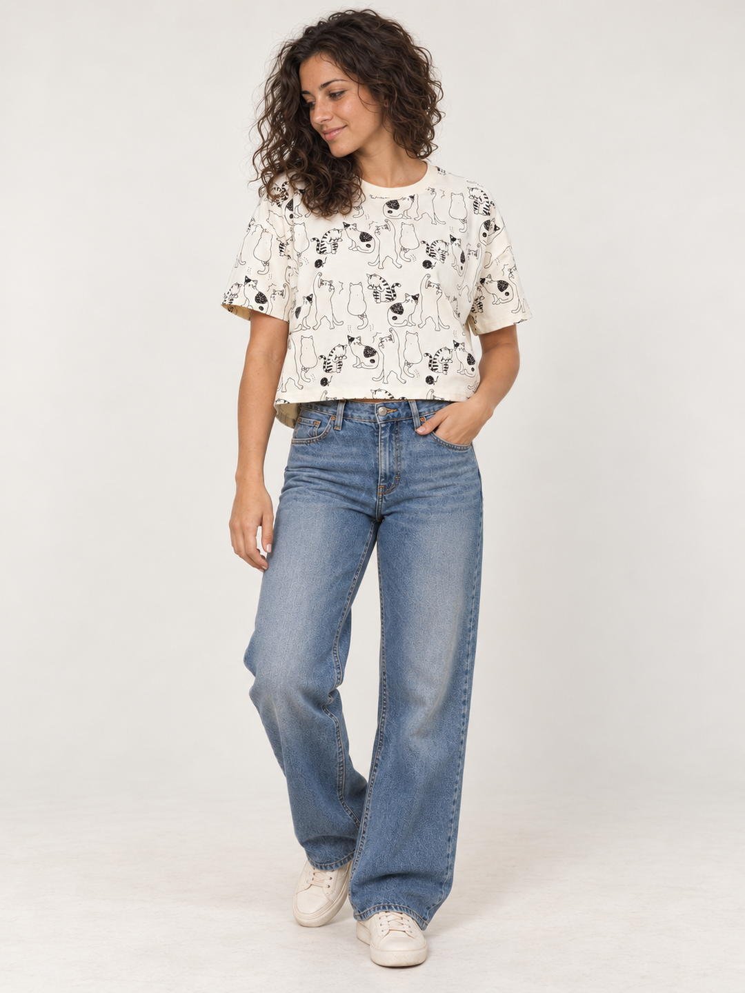 Cat Crop Top Tee – full-body view on model