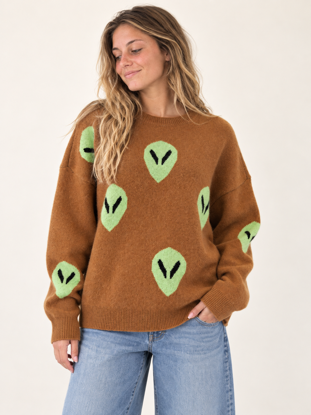 Alien Sweater Brown front view on model