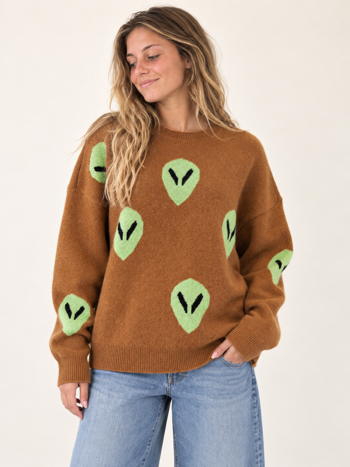 Alien Sweater Brown front view on model