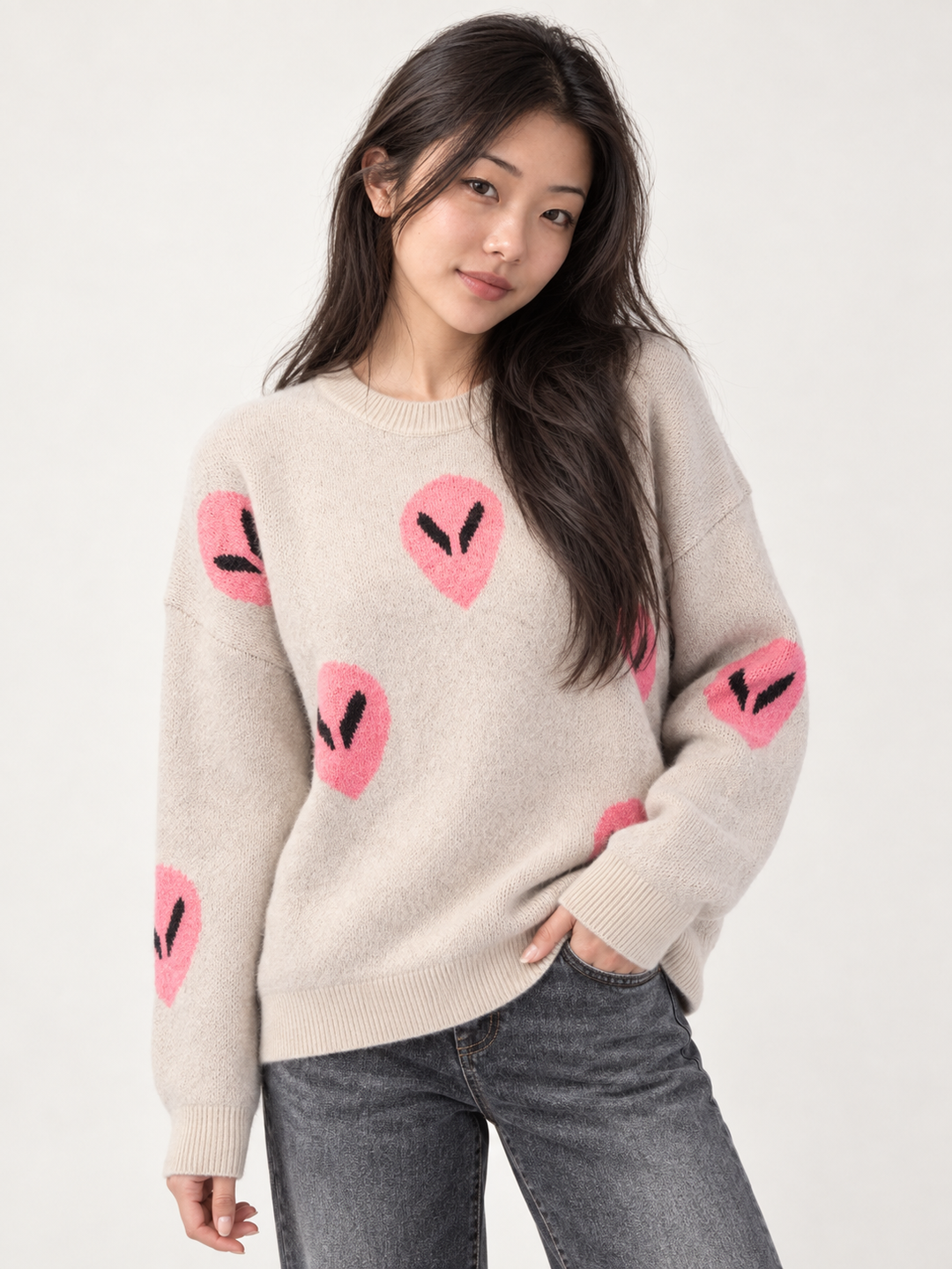 Front view of Alien Sweater Ecru on model